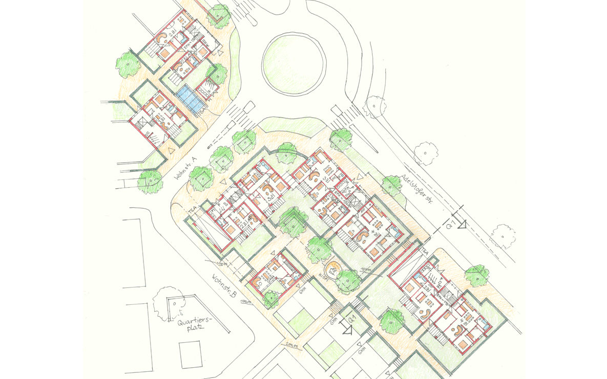 Lageplanausschnitt Grundrisse EG, o.M.