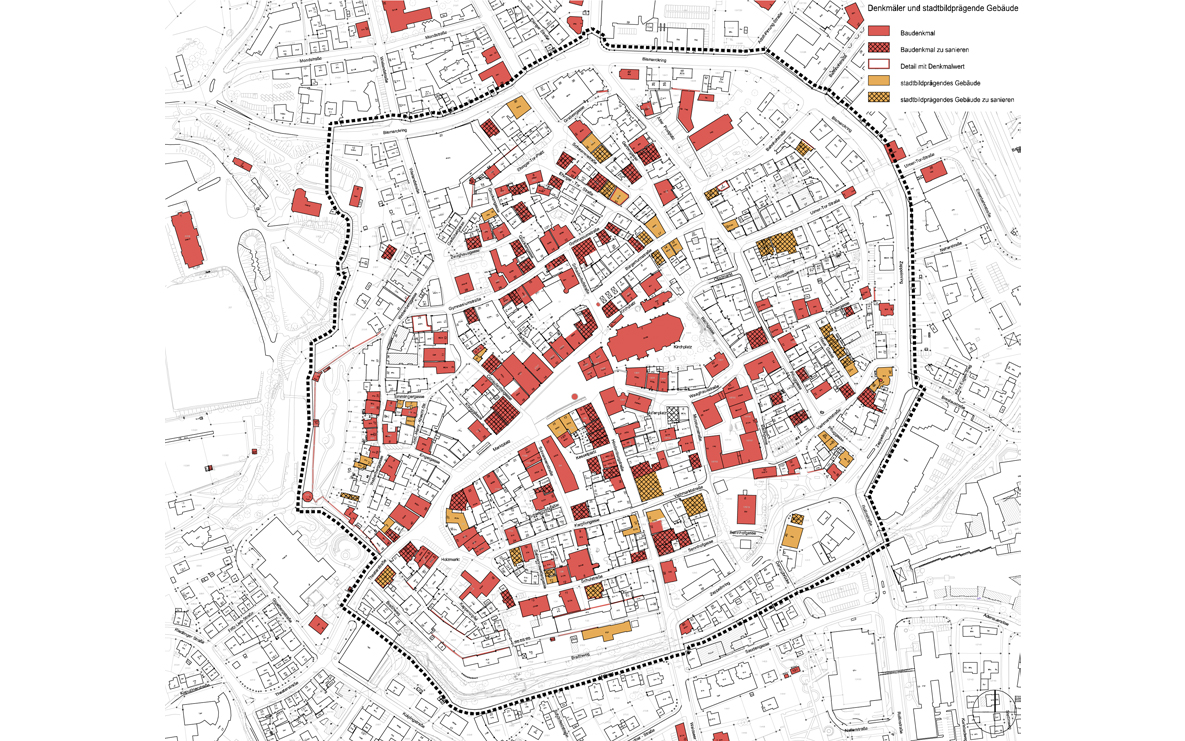 Plan mit denkmalgeschützten Gebäuden in der Kernstadt von Biberach