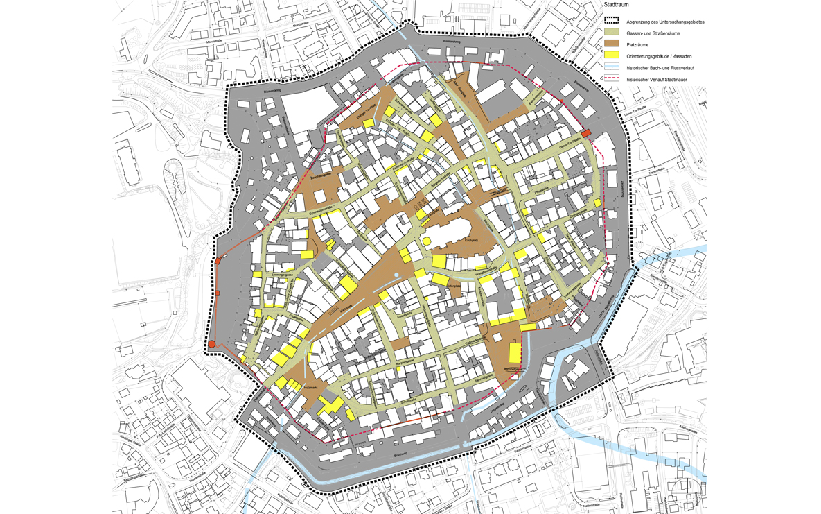 Plan zu unterschiedlichen Stadträumen in der Kernstadt von Biberach