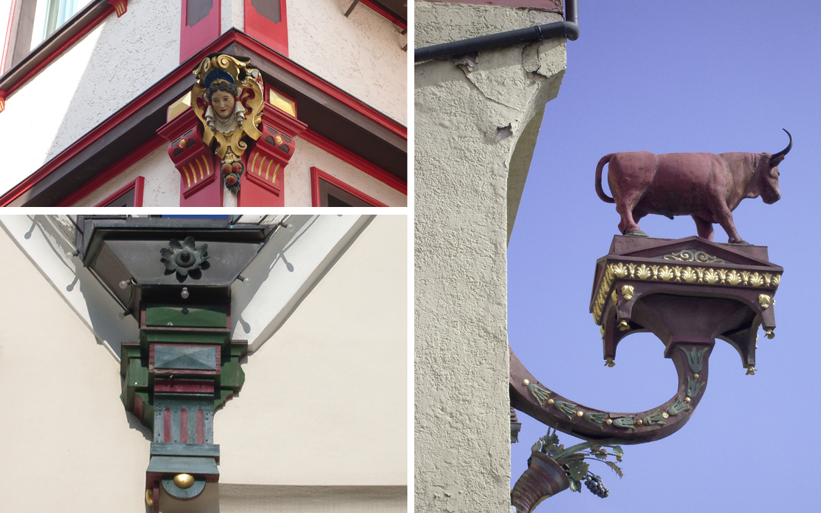 Hindenburgstraße 5, verziertes Eckdetail (links oben), Marktplatz 3 und 5, verziertes Traufdetail (links unten) Marktplatz 24 „Zum Roten Ochsen“ rechts)