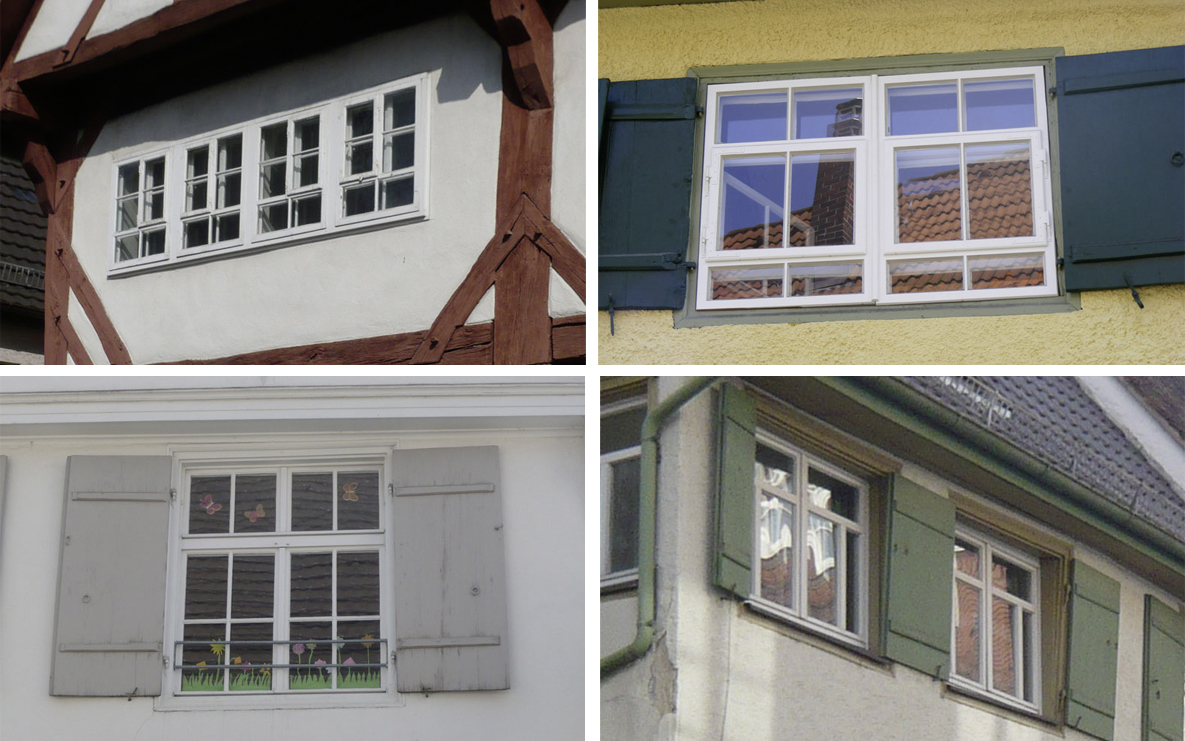 Zeughausgasse 4, Ehinger-Tor-Platz 2: liegendes Format „Zwillingsfenster“, Karpfengasse 9, Schrannenstraße 8